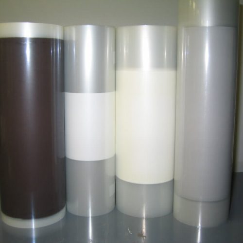 Green tape rolls (from L to R) on PET base film:  Ferrite, Glass Frit, Alumina Cover Plate, Aluminosilicate